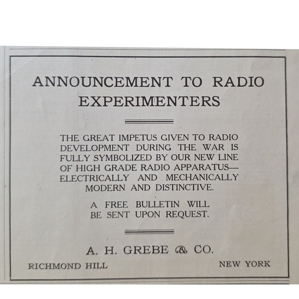 Vintage A.H. Grebe & Co. Radio Announcement 1920s Experimenters Bulletin